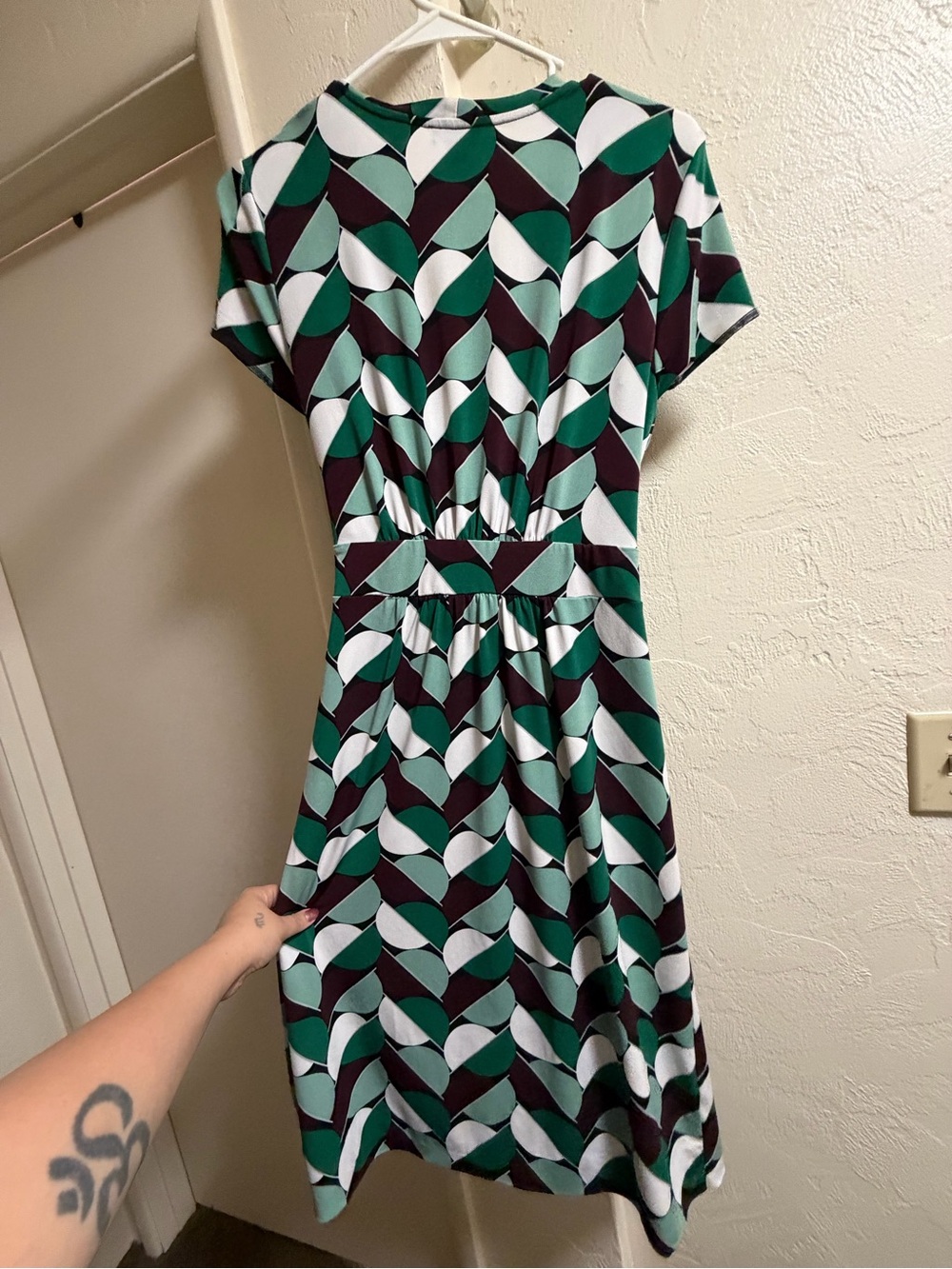 Ann Taylor Green, White and Dark Teal Geometric Wrap Midi Dress - Picture 3 of 5